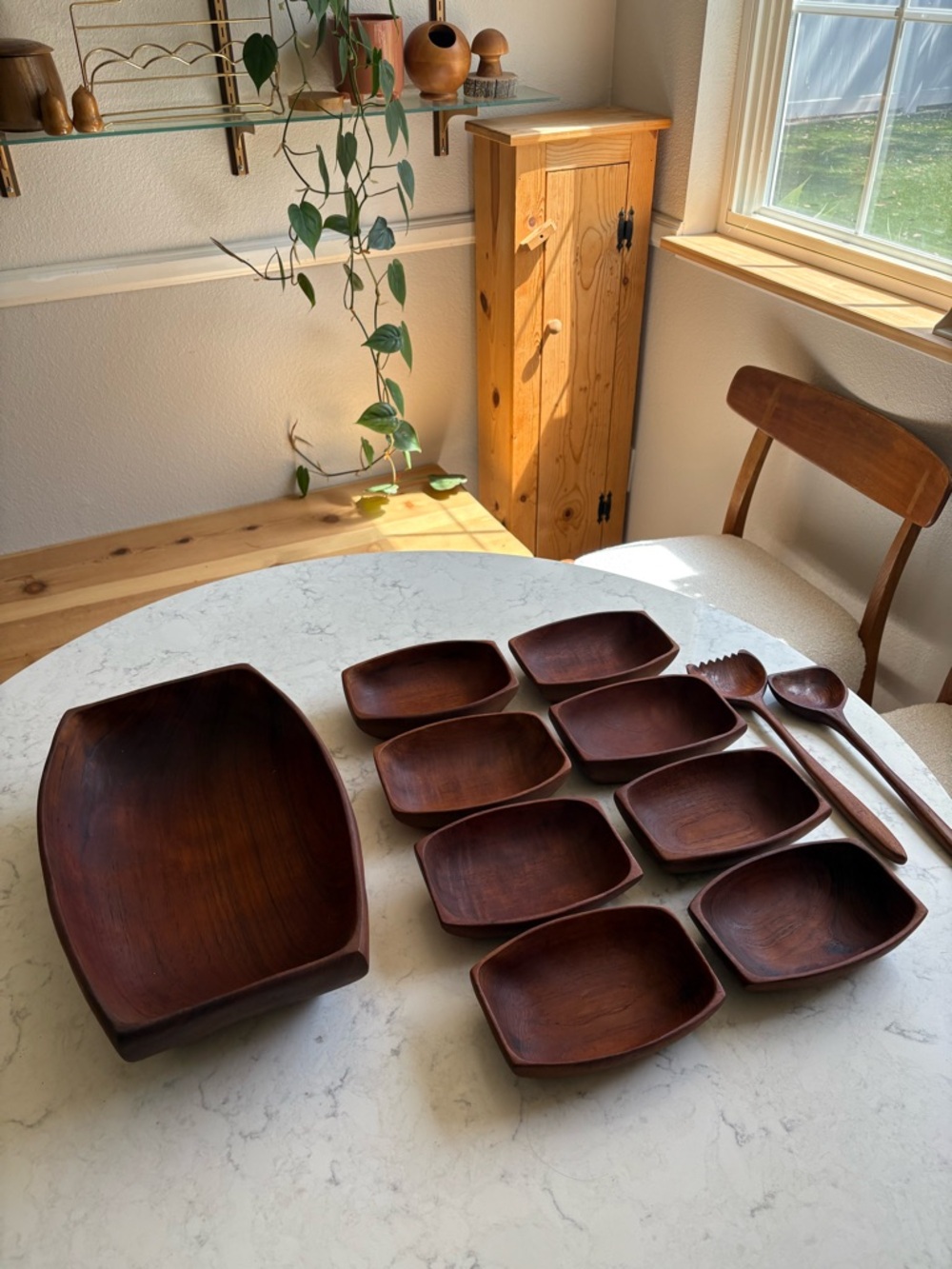 Handcrafted Vintage MCM Danish Teak Brown Wooden Serving Bowl Set - 11-Piece